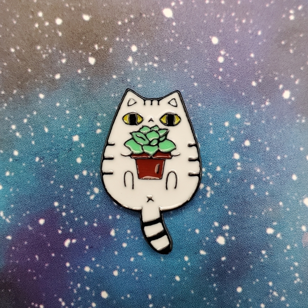 White Cat & Succulent Enamel Pin